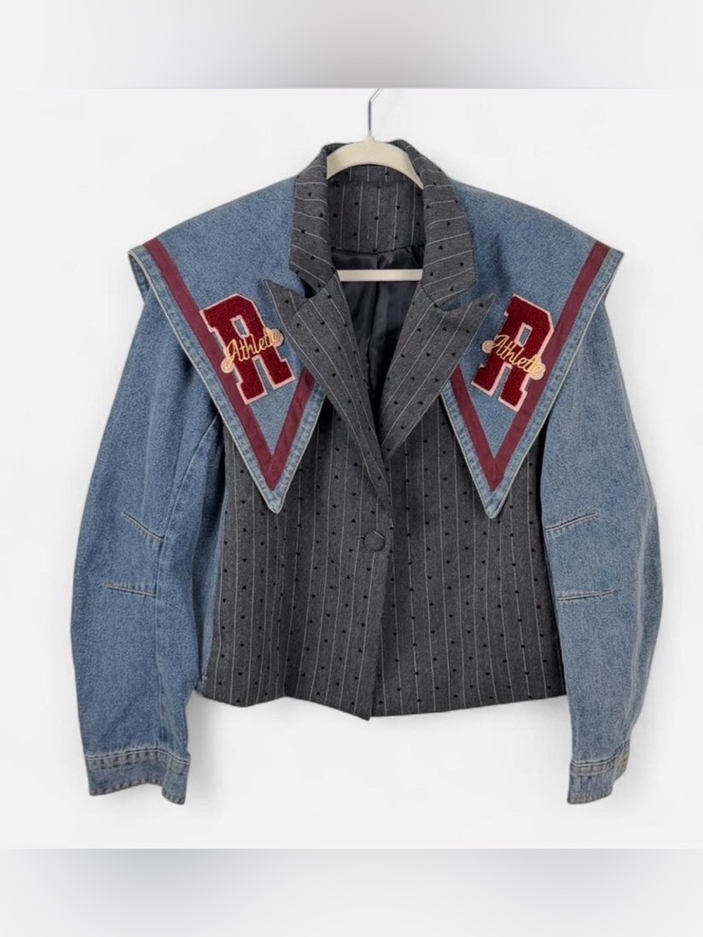 Denim & Pinstripe Mixed-Media Blazer with Embroidered R Patches